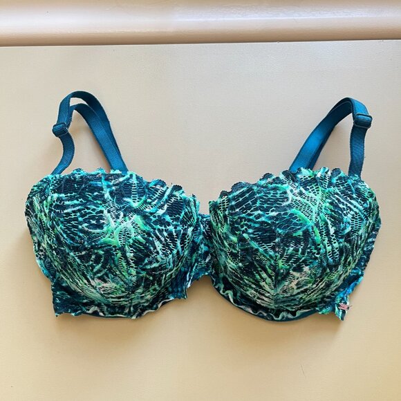Victoria's Secret Pink Bra 34DD Date Push Up Blue Green Palm Leaf Fern Floral - Picture 1 of 7